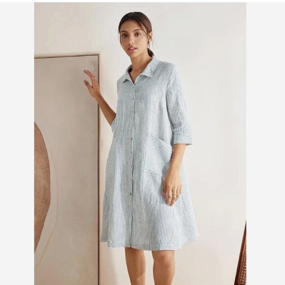 Lintico Dresses & Skirts - Lintico Madison 100% Linen Shirt Dress Womens Size M Blue Stripe Lagenlook Boho